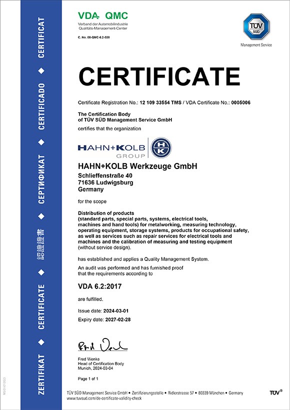 HAHN+KOLB è certificata VDA 6.2. HAHN+KOLB è certificata VDA 6.2.