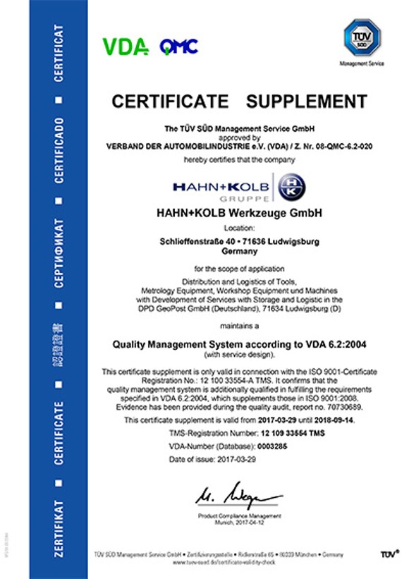 HAHN+KOLB è certificata VDA 6.2. HAHN+KOLB è certificata VDA 6.2.